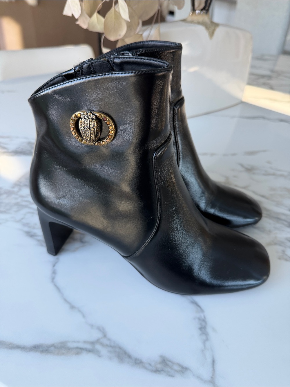 Kurt Geiger Black Leather Ankle Zip Boot with Gold Zipper Pull